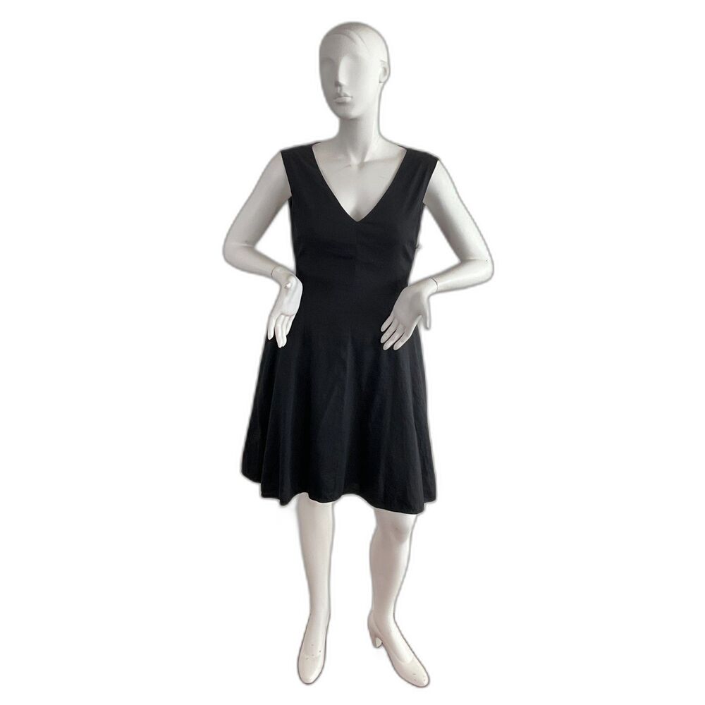 Linen Blend Theory Fit & Flare Dress 8 Black Sleeveless V-neck Pockets 8 - Picture 2 of 8